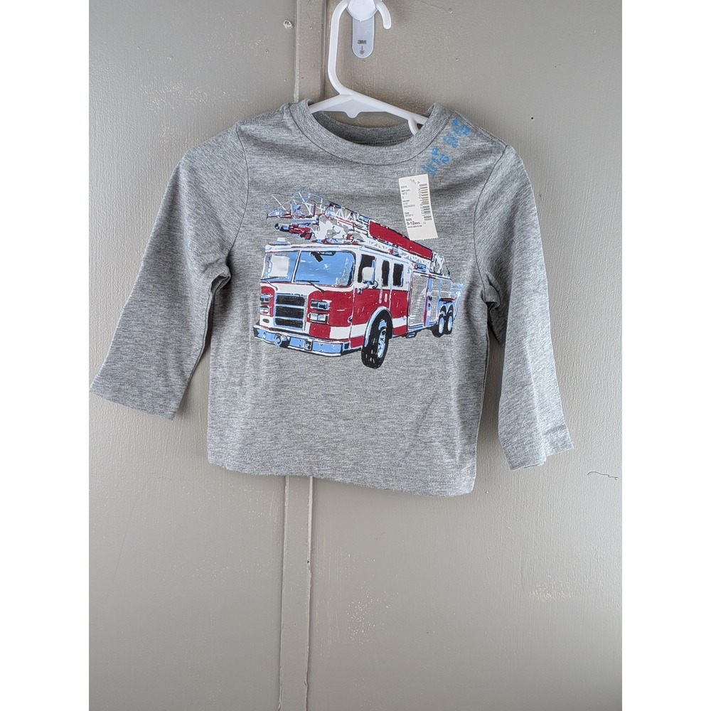 The Childrens Place Boys Gray Fire Truck Long Sleeve Graphic Tee 9-12M NWT
